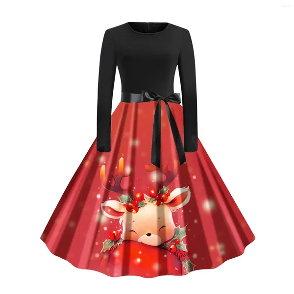 Robes décontractées Femmes Mode Robe de fête de Noël Dessin animé Animal imprimé col rond à manches longues rétro a-ligne vintage midi