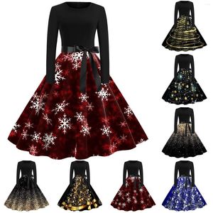 Casual Jurken Damesmode Kerstprint Jurk Ronde Hals Lange Mouw Grote Schommel Hepburn Stijl Vintage Elegante Partij Op Voorraad