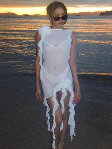 Casual jurken vrouwen mode elegant sexy mesh zie door bodycon mini jurk onregelmatige backless ruches ruches fringe zomer strandfeestje