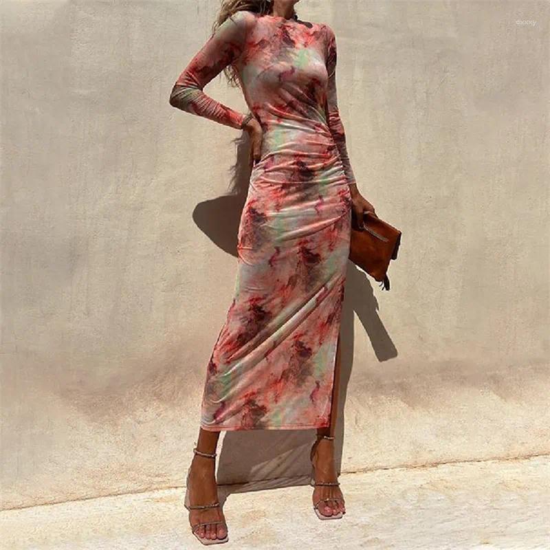 Casual Dresses Women Fashion Floral Print Mesh Evening Dress Spring O Neck Side Split Bodycon Long Autumn Sleeve Boho Maxi