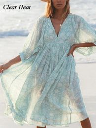 Casual jurken vrouwen mode lantaarn mouw bloemenjurk elegant v-hals kanten print contrast strand middenidress vrouwelijke half prairie vestidos