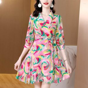 Casual jurken vrouwen mode print chiffon v-neck mini jurk zomer elegant kantoor dame 2023 Korean vintage bodycon rok