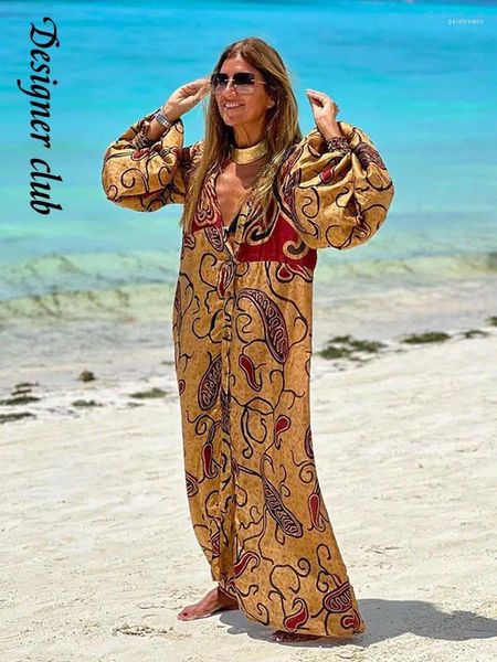 Vestidos casuales Mujeres Moda Impreso Bohemio Suelto Maxi Vestido Profundo Escote en V Largo Linterna Manga Vestidos 2023 Otoño Lady Vacation Robes