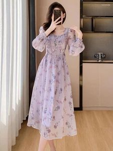 Robes décontractées Femmes Mode Violet Floral Élégant À Manches Longues Silm Fée Printemps Automne Vert Anniversaire Soirée Robe D'été Bohème