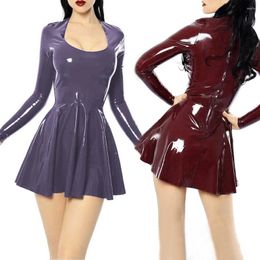 Casual jurken Women Fashion PVC Leather A-Line Mini Dress Cute High Strecth Square Neck Long Sleeve Sexy 7XL