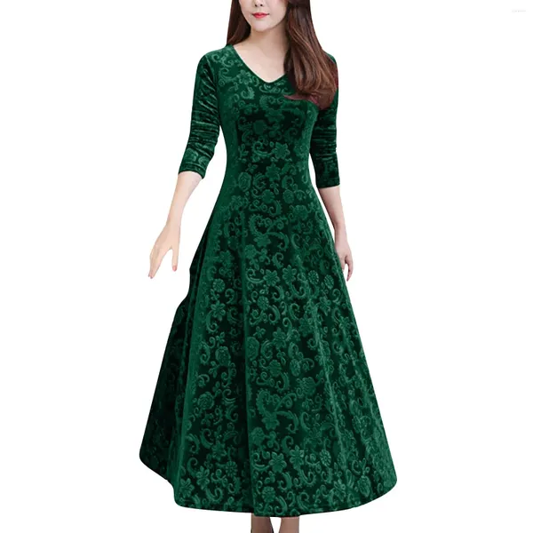 Vestidos casuales Moda de mujeres Retro Delicado Velvet Velvet V-Ececo de manga larga Vestido elegante Vestidos Vestidos para Mujer