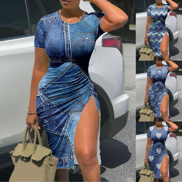 Vestidos casuales Mujer Moda Manga corta Cordón Slit Faux Denim Print Dress Tie Waist Midi para