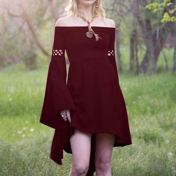 Vestidos casuales Mujeres Moda Color Sólido Medieval Renacimiento Vestido Vintage Manga larga Maxi Robe Fairy Elven