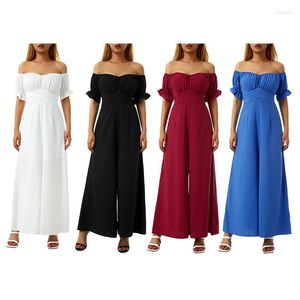 Casual jurken vrouwen mode zomer jumpsuit stevige kleur puff korte mouw v-hals losse wide been clubkleding