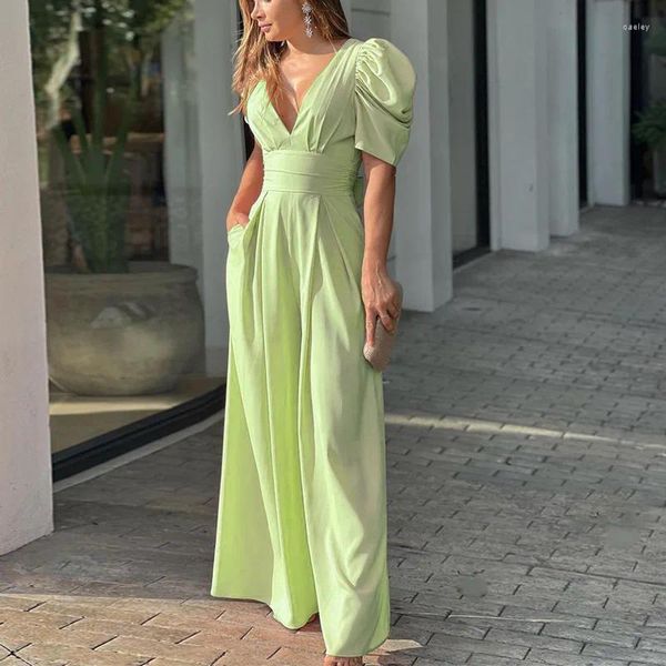 Vestidos casuales Mujeres Moda con cuello en V Mono 2023 Señora de gama alta Sexy Color sólido Sin espalda Tipo de cintura Hollow Back Bubble Mangas Body