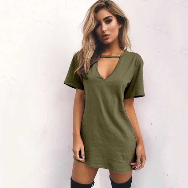 Vestidos casuales Mujeres Moda V-cuello Sólido Hueco Elegante Straigth Vestido verde Primavera suelto Mini manga corta Cómodo Tallas grandes