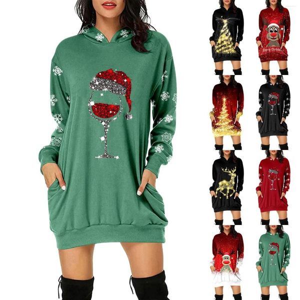 Robes décontractées Femmes Mode Vintage Joyeux Noël Imprimer Robe Longue Sweat À Capuche À Manches Longues Paquet Hanche Pull Poches Paillettes
