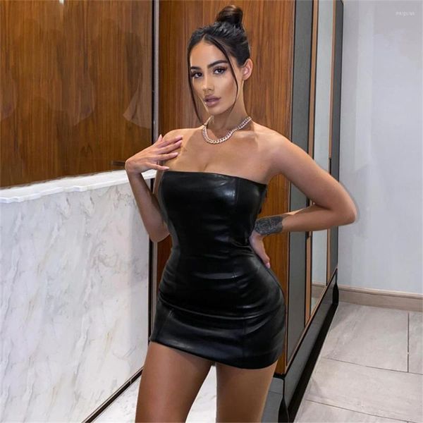 Vestidos casuales Mujeres Faux Leather Party Dress Ladies Backless Sexy Low Cut Clubwear Flaco Mini Mujer Color sólido Tube Top Bodycon