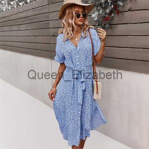 Casual jurken dames bloemenjurk 2023 zomer casual korte mouw knop vakantie midi jurken vrouwelijk v-neck strand boho chic jurk elegant gewaad j230625