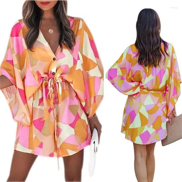 Robes décontractées Femmes Robe florale Col en V Manches moyennes Feuille / Motif imprimé Bouton Poitrine Taille élastique Lâche Plage Boho