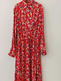 Robes décontractées Femmes Floral Lettre Imprimer Rouge Midi Robe 2024 Automne Manches longues Col rabattu Femme Taille élastique Robe de cordon
