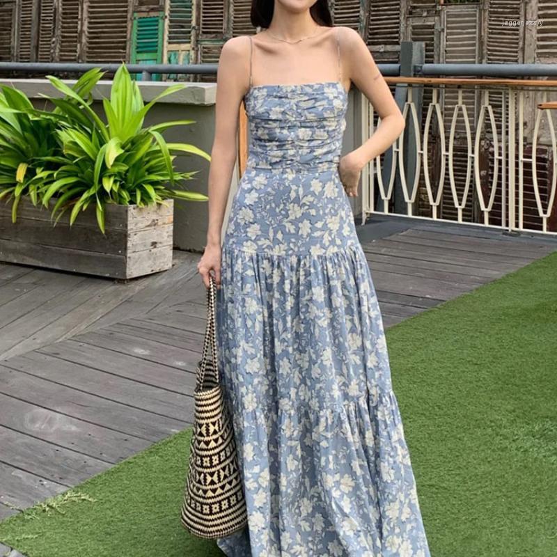 Casual Dresses Women Floral Print Cotton Strapless Dress Butterfly Knot Blackless Long Holiday Style