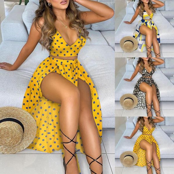 Robes Décontractées Femmes Imprimé Floral Longue Robe De Plage Ensembles Vacances Col En V Solide Crop Top Sheer Haute Fente Maxi Jupe Costume Deux Pièces Vestidos