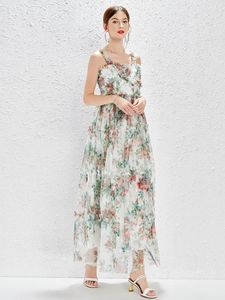 Casual jurken vrouwen bloemenprint mesh feestjurk zomer 2024 designer runway spaghetti ruffels slash nek tule maxi n3069