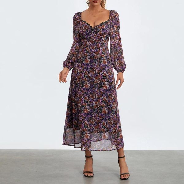 Robes décontractées Femmes Floral Print Midi Robe Sweetheart Décolleté Longue Manches Bouffantes Mode Dos Nu Vacances