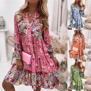 Robes décontractées femmes imprimé fleuri solide col en V robe 2023 été volants Boho lâche plage fête élégant Vestidos