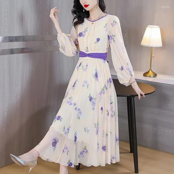 Robes décontractées Femmes Floral Silk O-cou robe longue 2024 Marque internationale Summer Maxi Party Evening Elegant Luxury Vestidos