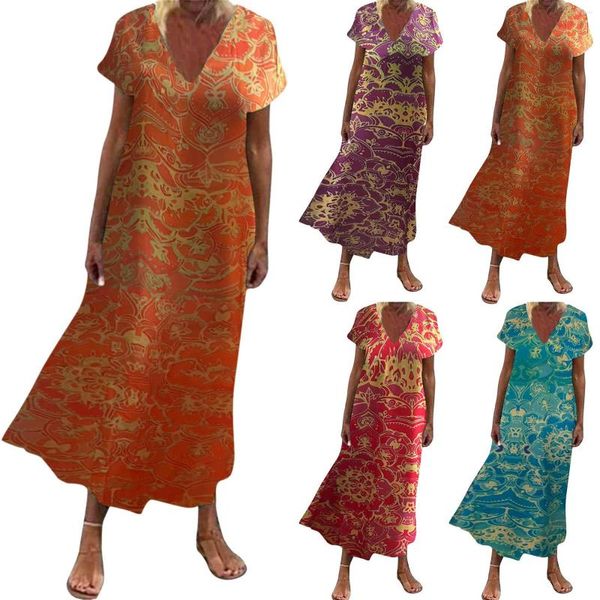 Vestidos casuales Mujeres Floral V Cuello Manga corta Vestido largo Impreso Corbata Cintura con volantes Esqueleto Traje con capucha