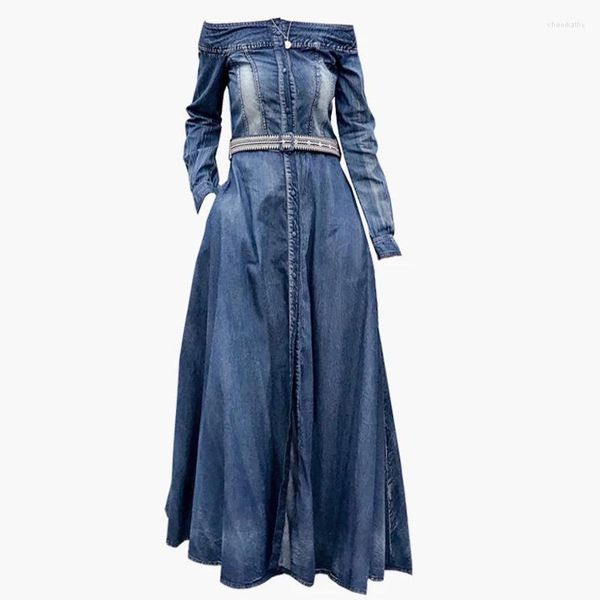 Vestidos casuales Mujeres Flor Bordado Slash Neck Long Denim Jeans Vestido Vintage Off Shoulder A-line