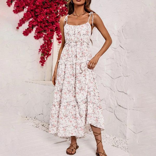 Vestidos casuales Mujeres Flores Sling Sin mangas Una línea Gasa de mujer Recorte Hombro frío Manga de trompeta Vestido de tirantes Top