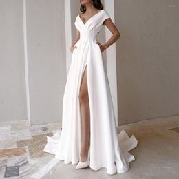 Casual jurken vrouwen formele kleding v-hals feest witte hoge taille zijde split-vloer lengte met zakken elegante spleet