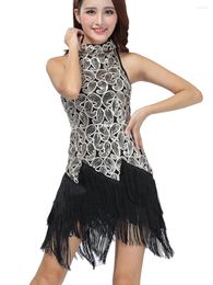 Robes décontractées Femmes Robe Fringe Mock Neck paillettes Sequins Latin Dance Flapper Roaring 20s Vintage Costume pour adulte