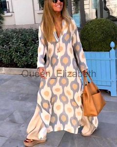 Robes Décontractées Femmes Impression Géométrique Split Maxi Robe 2023 Été Causal Col En V À Manches Longues Robes Femme Vacances Plage Boho Robe Vestidos J230625