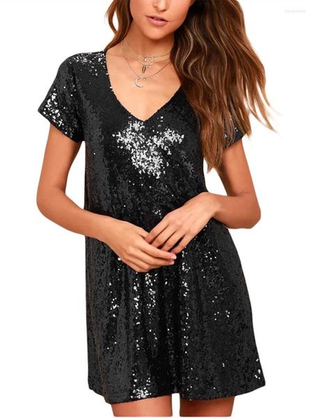 Vestidos casuales Mujeres Glitter Sequin Babydoll Dress Fiesta corta brillante Loose Sparkly T Shirt Bling Mini Club Wear