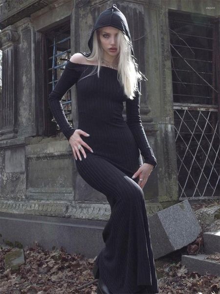 Vestidos casuales mujeres gótico con capucha de punto maxi vestido fuera del hombro acanalado bodycon manga larga estilo oscuro fiesta streetwear
