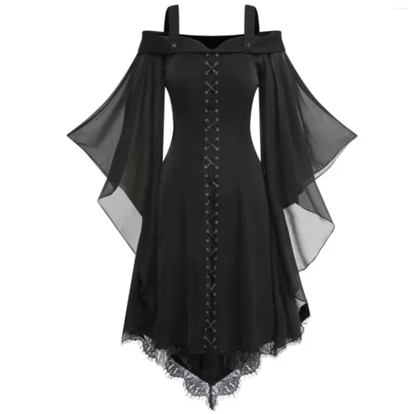 Robes décontractées Femmes Gothic Lace Insérer des manches papillon Halloween Robe noire Bandage sexy