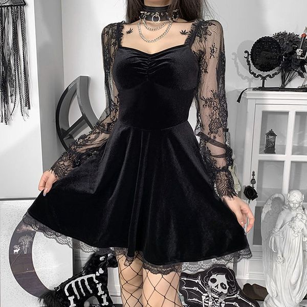 Vestidos casuales Mujeres Gothic Lolita Black Vintage Lace-Up Vestido de manga larga Punk Goth Cosplay Party Prom Velvet 230412