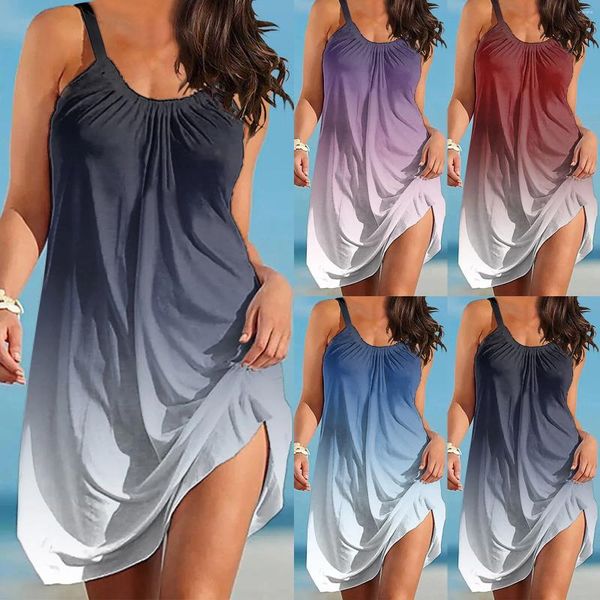 Vestidos casuales Mujeres gradiente verano suelto vestido corto sin mangas playa para mujer sexy correa o cuello vestido de verano boho tanque bata