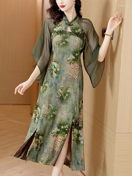 Vestidos casuales Mujer Verde Floral Seda Patchwork Malla Vestido de manga larga Verano Elegante Noche 2023 Vestidos de lujo vintage