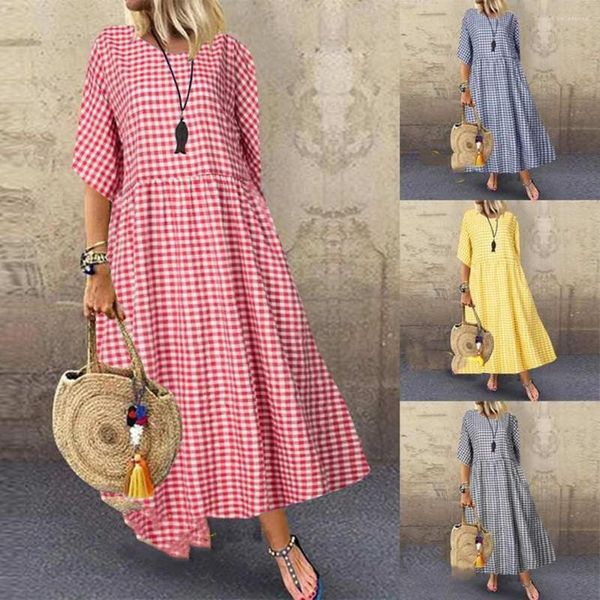 Vestidos casuales Mujer Media manga Bohemian Check Maxi Dress Mujer Sundress Túnica Vestidos Mujer Plaid Shirt Robe