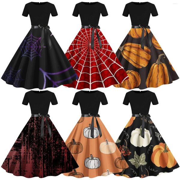 Robes décontractées Femmes Halloween Robe à manches courtes Années 1950 Soirée Bal A-Line Swing Plus Taille 50S 60S Vintage Party Robe Femmes