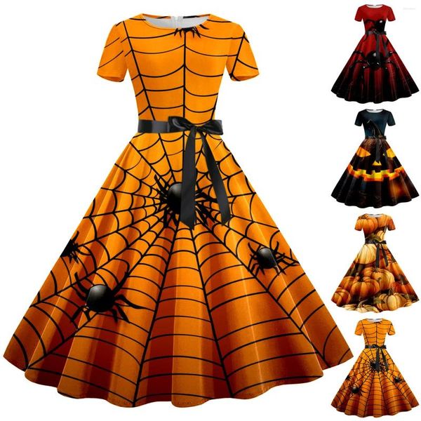 Vestidos casuales Mujeres Vestido de Halloween Araña Fancy Calabaza Estampado Manga corta A-Line Swing Fiesta de noche Fiesta de graduación 50S Ropa vintage