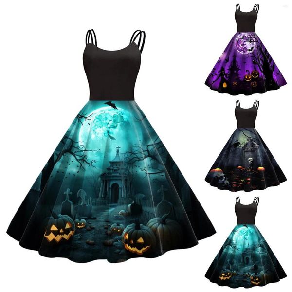 Robes décontractées Femmes Halloween Imprimé sans manches 1950s Housewife Evening Party Prom Dress Beld Maxi