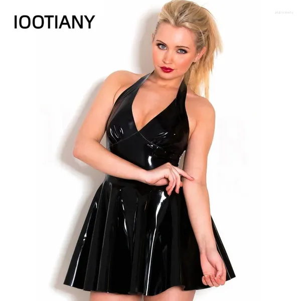 Vestidos casuales Mujeres Halter Profundo Cuello en V Vestido de cuero de imitación PVC brillante Plisado Sexy Cremallera Latex Fiesta Mini Plus Tamaño S-XXXL