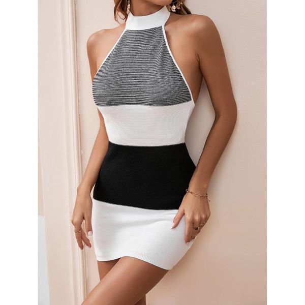 Robes décontractées Femmes Halter Tie-Up Robe tricotée Élégante Mode Sans manches Dos nu Contraste Couleur Rayé Moulante Mini