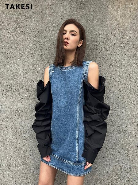 Vestidos casuales Mujeres High Street Slim Pile Up Sleeve Hollow Out Off Shoulder Blue Denim 2023 Summer Waist Y2K Style Dress