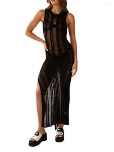 Casual jurken Women Hollow Out Breid Maxi Dress Zie door mouwloze bemanning Neck High Slit Beach badkleding dekmantel