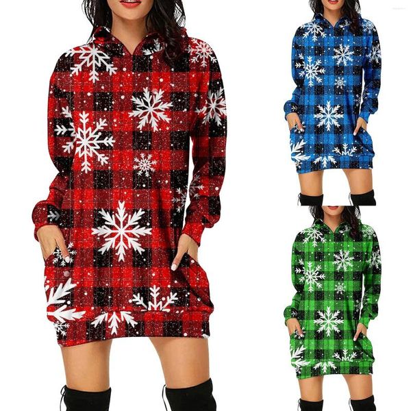 Robes décontractées Femmes Sweats à capuche Robe de Noël Flocon de neige vérifié à manches longues Tunique à capuche Sweat-shirt Poches pour le travail