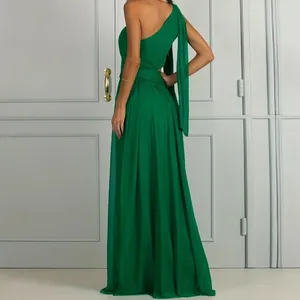 Casual Jurken Vrouwen Schuine Schouder Holle Mouw Feestjurk Lente Skew Kraag Backless Lange Herfst Hoge Taille Swing Maxi