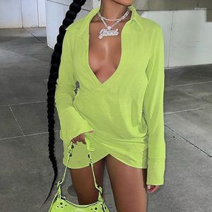 Robes Décontractées Femmes Irrégulière Sexy Taille Haute Pack Hanche Robe Vert Coupe Basse Plissée À Manches Longues Revers Mode Chemise 2023 Club Street Wear