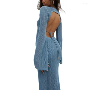 Robes décontractées Femmes Tricot Creux Moulante Solide Automne Printemps Hors Épaule À Manches Longues Tie-Up Dos Ouvert Robe Slim Beach Streetwear